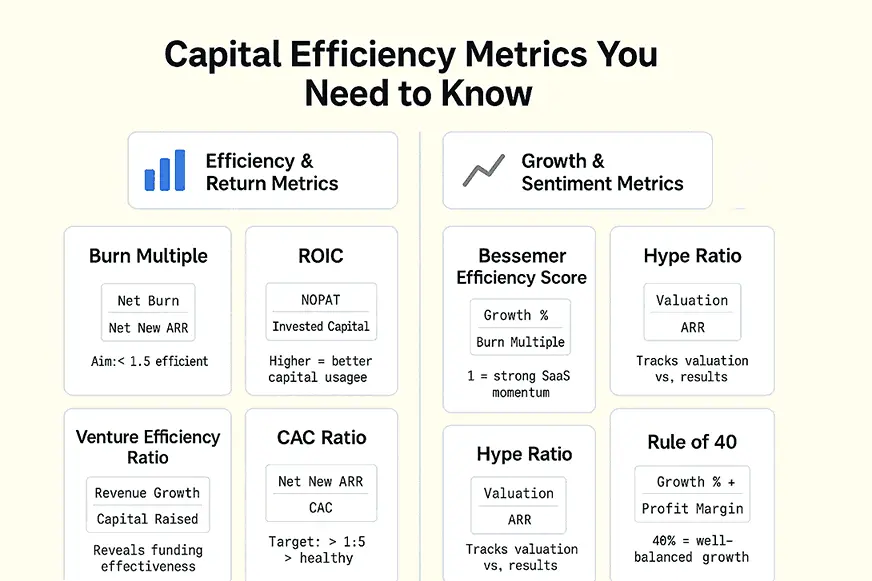 Benchmark comparison chart: Burn Multiple, ROIC, Rule of 40, CAC ratio for startup growth.