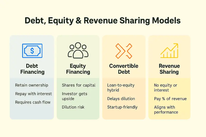 Diagram comparing debt, equity, and revenue share business funding models.