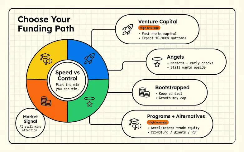 This image contains the types of funding options for your edtech startup including venture capital, angel investor, accelerators and inccubartors and more