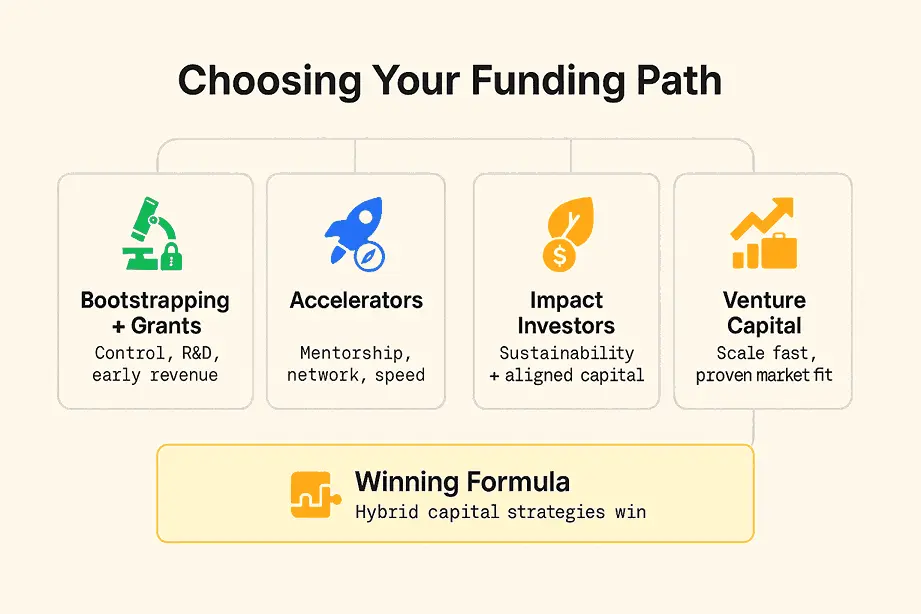 Choosing Your Funding Path illustration between bootstraping, accelerators, impact investors or venture capital