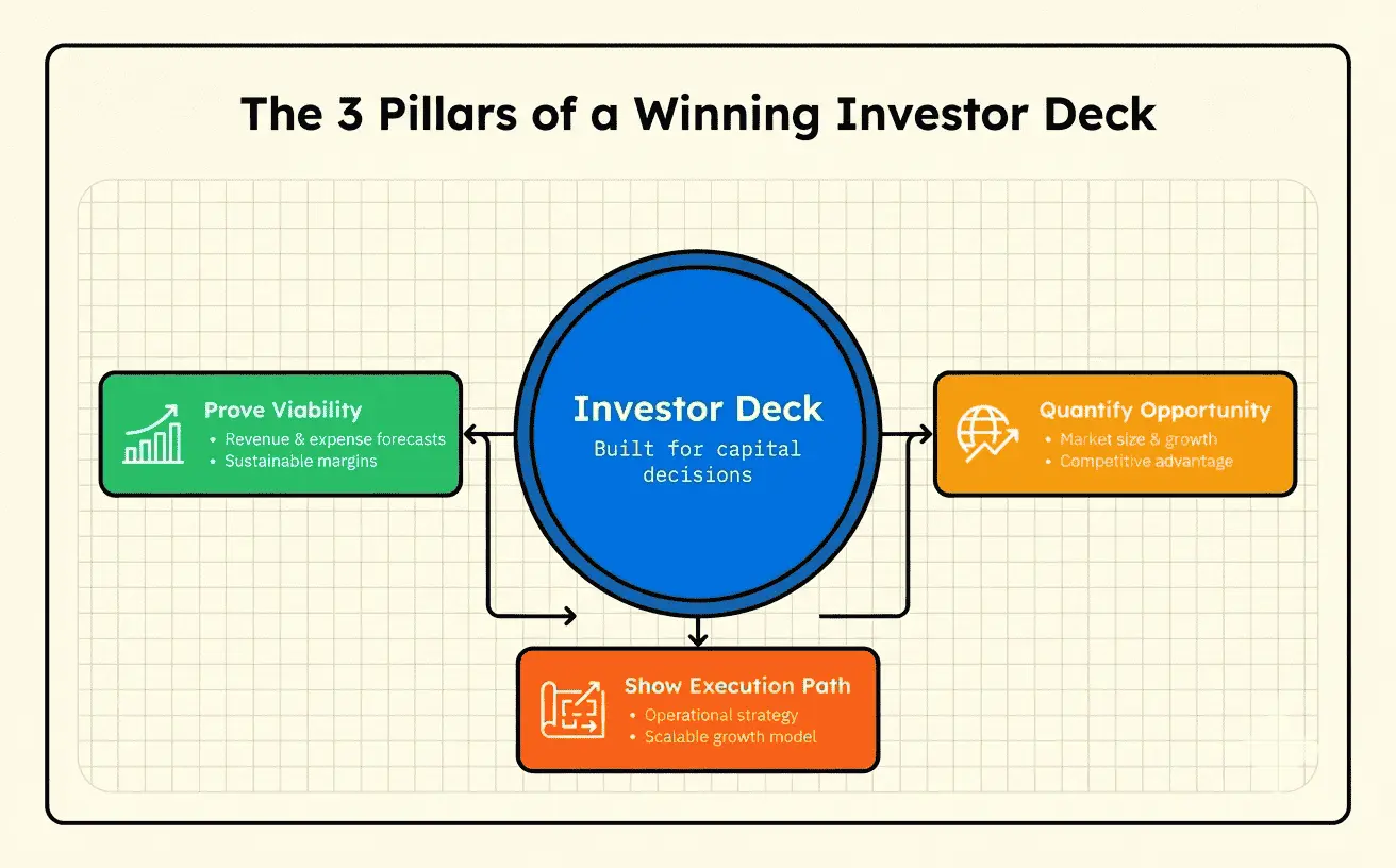 The three pillars of an investor deck.