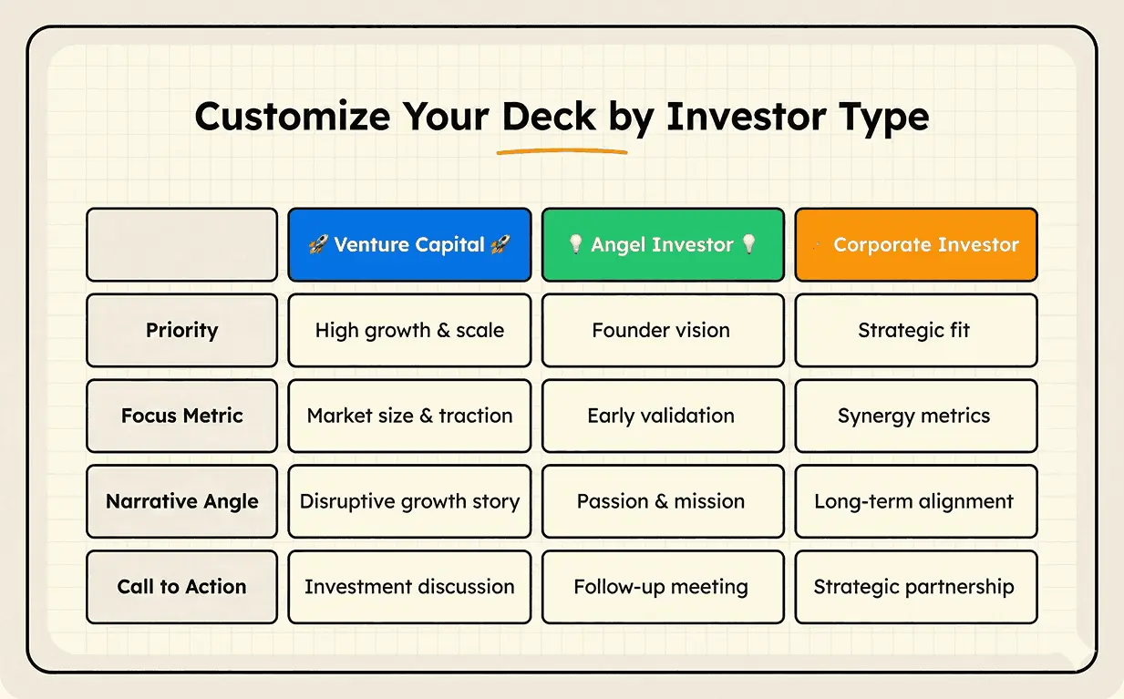 The image contains a table that differentiate the strategies which a founder should apply while approaching different investors