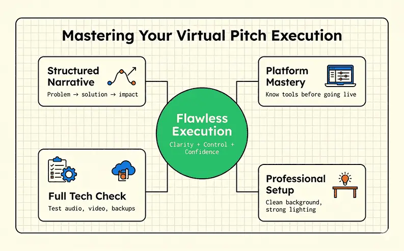 Master virtual startup pitch by using these pointer such as structured narrative, platform mastry, full tech check, professional setup