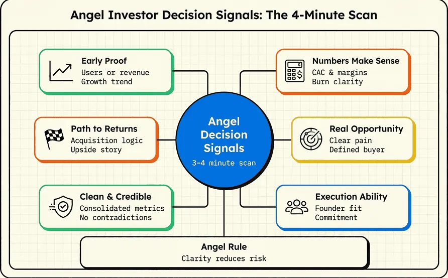 This image depicts what angel investors look for in your startup pitch deck, and how to represent those factors