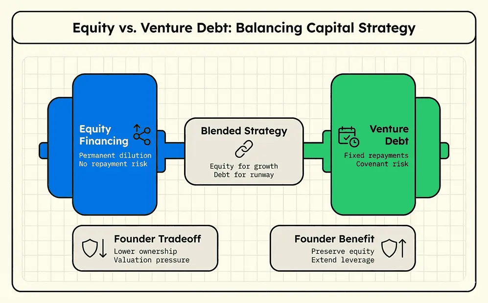 The image describes how equity financing is different then venture debt