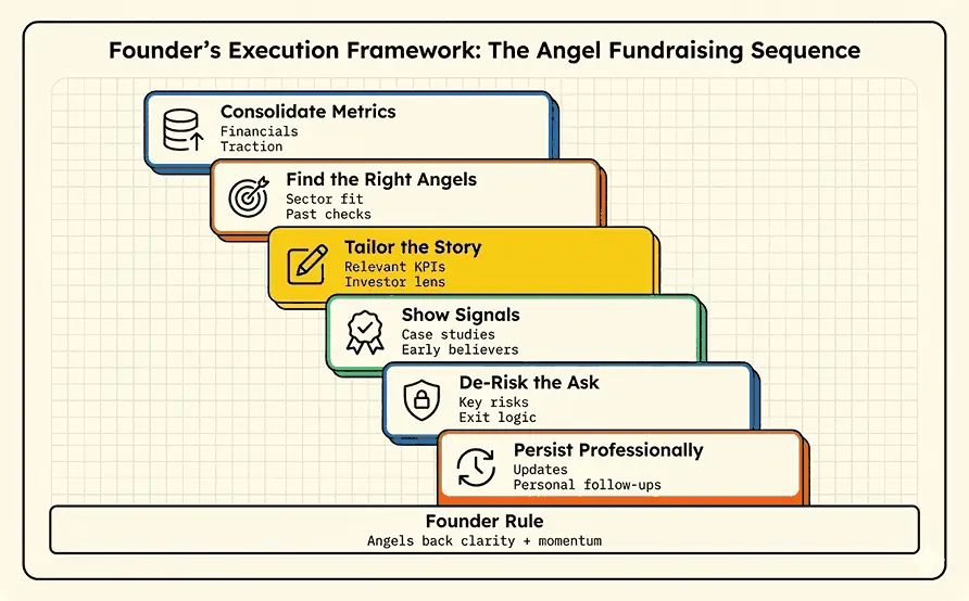 The image describes the framework which which startup founders should follow to attract angel investors
