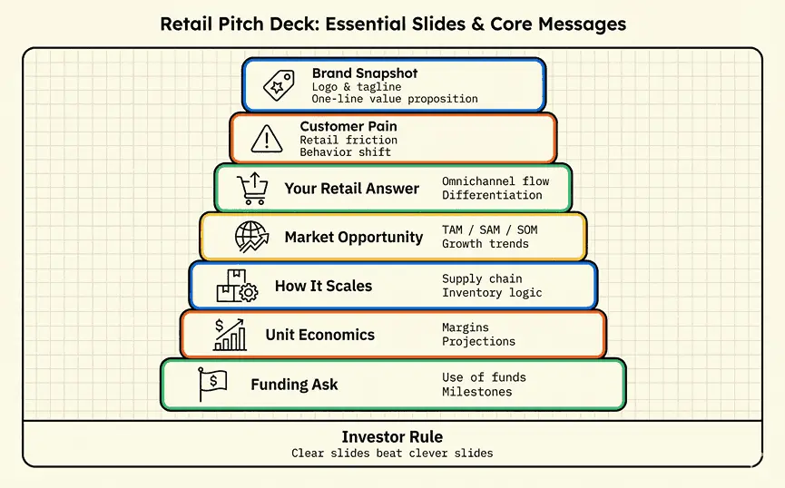 How to create a retail startup pitch deck including concepts like market demand, scaling, funding ask and more