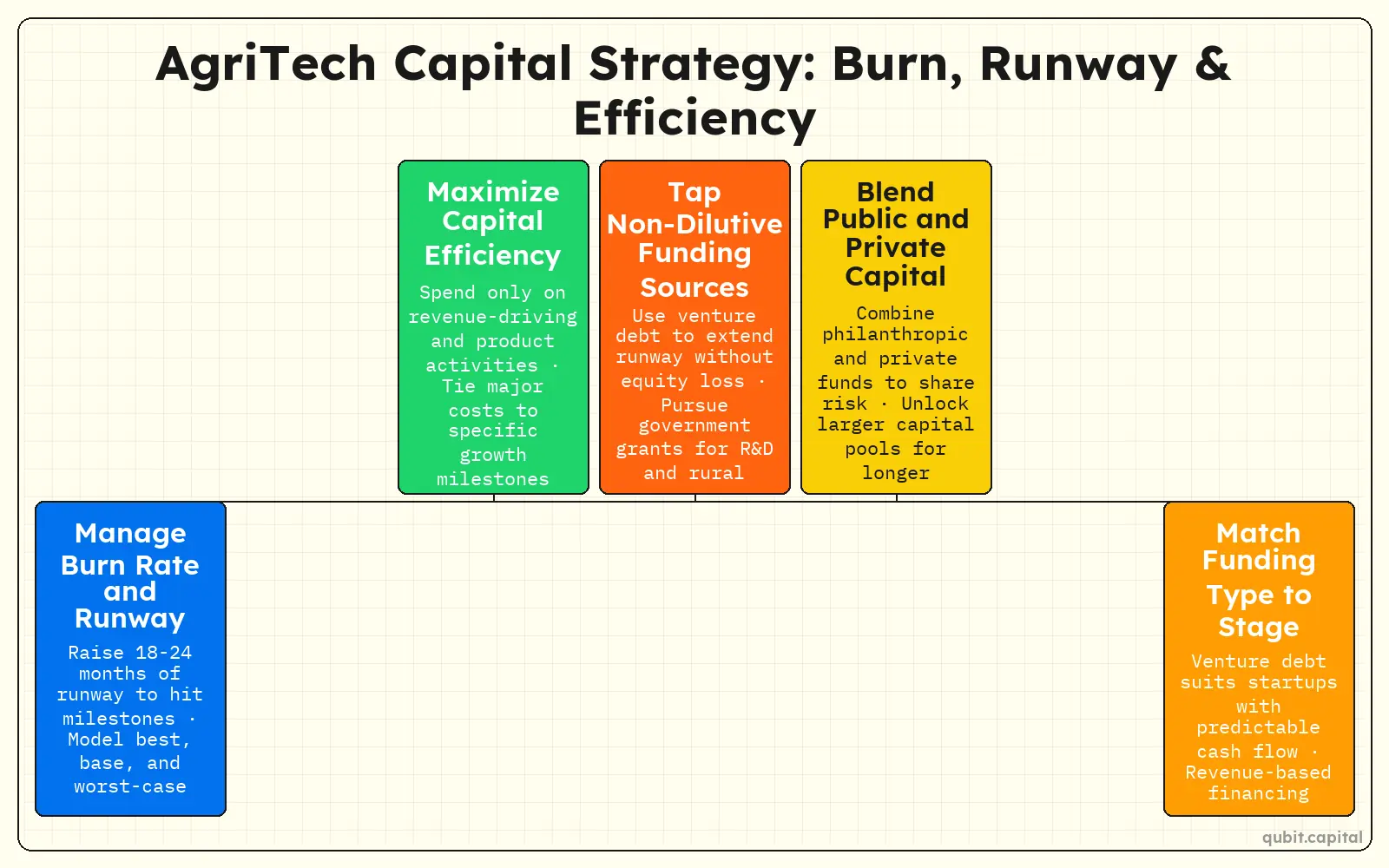 Infographic: AgriTech Capital Strategy: Burn, Runway & Efficiency — Manage Burn Rate and Runway, Maximize Capital Efficiency, Tap Non-Dilutive Funding Sources, Blend Public and Private Capital